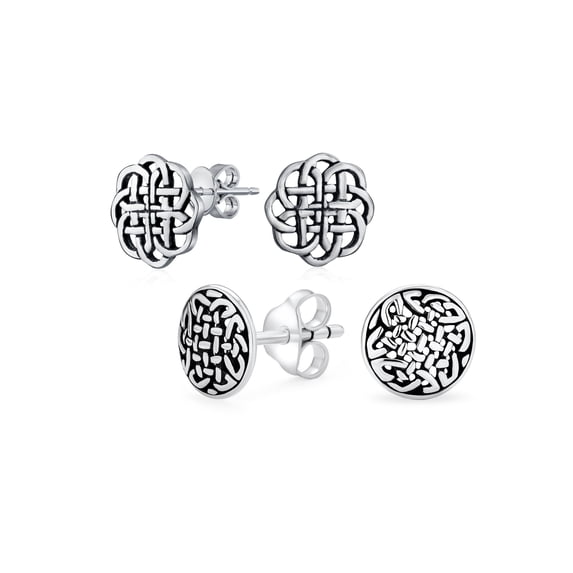 Bling Jewelry Womens Set of 2 Small Floral Medallion Shield Celtic Knot Stud Earrings Oxidized Silver
