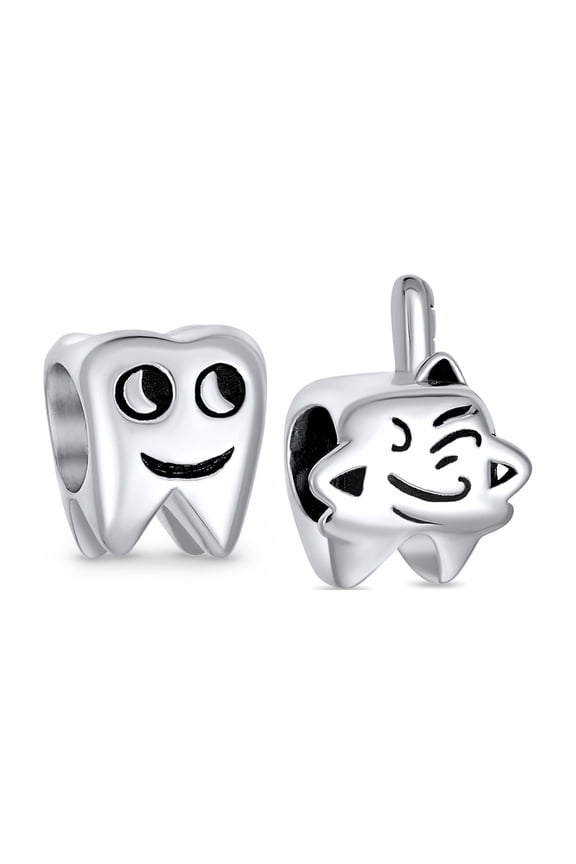 Womens Set of 2 Smiling Tooth and Fairy Dentist Charm Bead Oxidized Sterling Silver