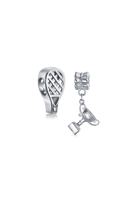 Womens Set of 2 Sports Champion Trophy Dangle Tennis Racquet Charm Bead Sterling Silver