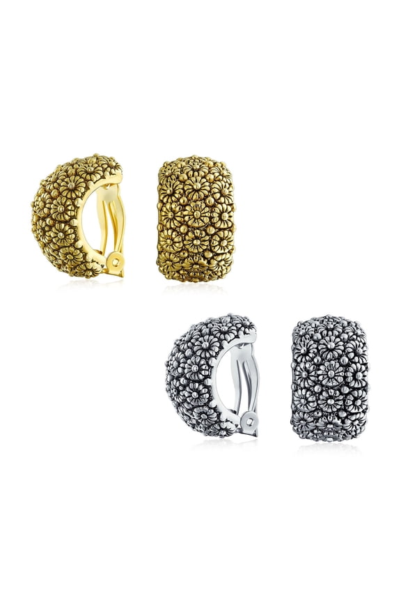 Womens Set of 2 Wide Shrimp Half Hoop Sunflower Clip On Earrings for Non Pierced Ears Oxidized Gold & Silver