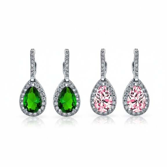 Bling Jewelry Womens Fancy Halo Green, Pink CZ Dangle Teardrop Drop Earrings 2-Set Silver Plated