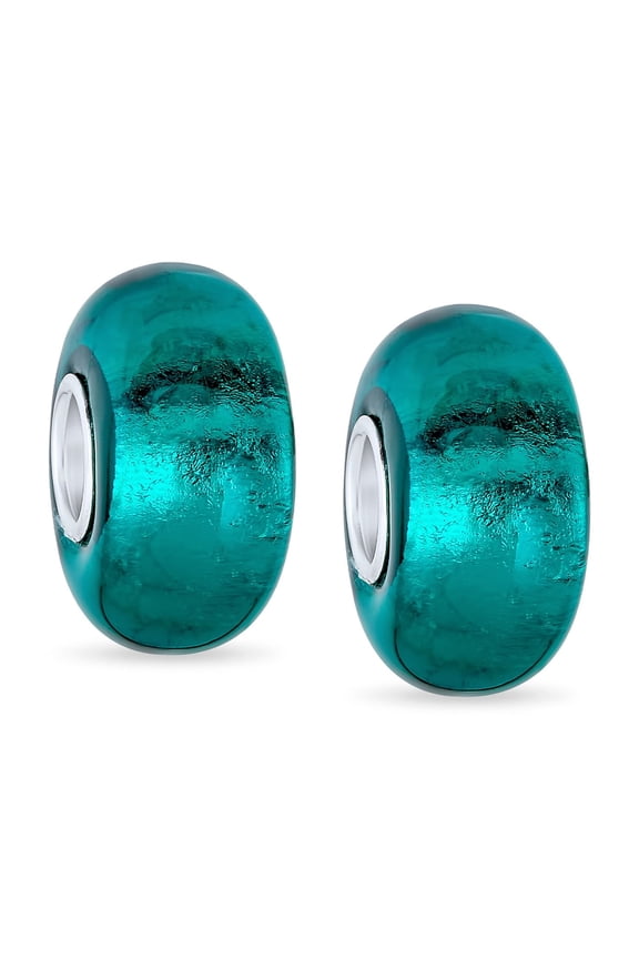 Womens Set of 2 Translucent Solid Teal Blue Green Glass Charm Bead Sterling Silver Core