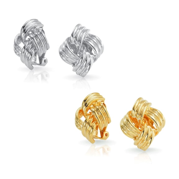 Bling Jewelry Womens Set of 2 Twist Rope Knot Clip-On Earrings Non-Pierced Gold