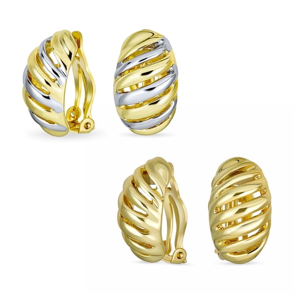 Bling Jewelry Womens Set of 2 Twist Shrimp Half Hoop Clip-On Earrings Gold Silver