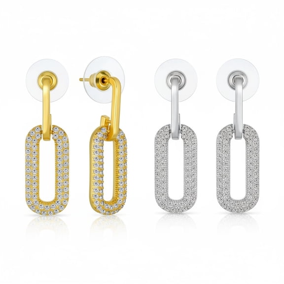 Bling Jewelry Womens Set of 2 Vertical U Rectangle CZ Dangling Link Paperclip Earrings