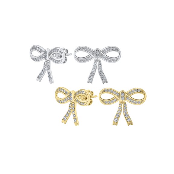 Bling Jewelry Womens Set of 2 Vintage Ribbon Pave CZ Bow Stud Earrings Gold Plated Sterling Silver