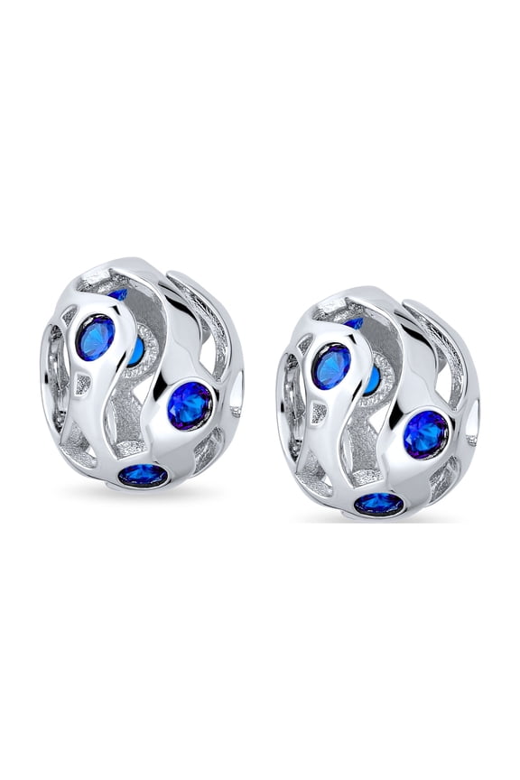 Womens Set of 2 Wave Royal Blue Cubic Zirconia Charm Bead Simulated Sapphire Silver