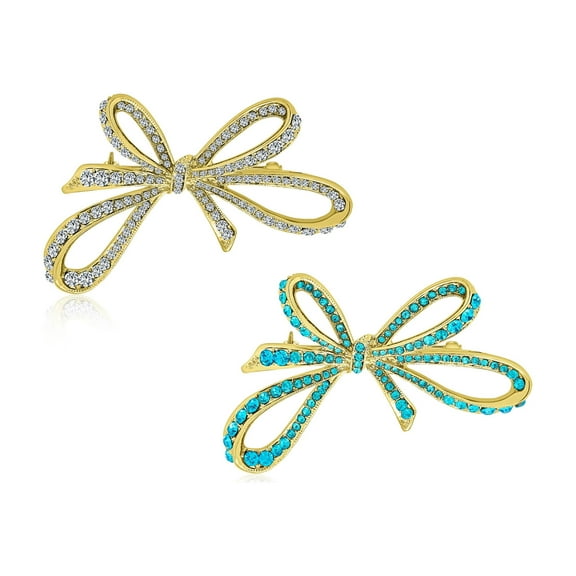 Bling Jewelry Womens Set of 2 Winter Wedding Clear Blue Crystal Ribbon Bow Brooch Pin Gold Plated