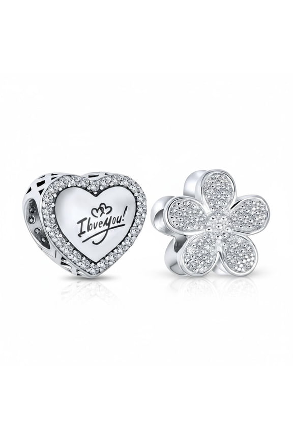 Womens Set of 2 Words I LOVE YOU Crystal Heart & CZ Flower Bead Charm Sterling Silver