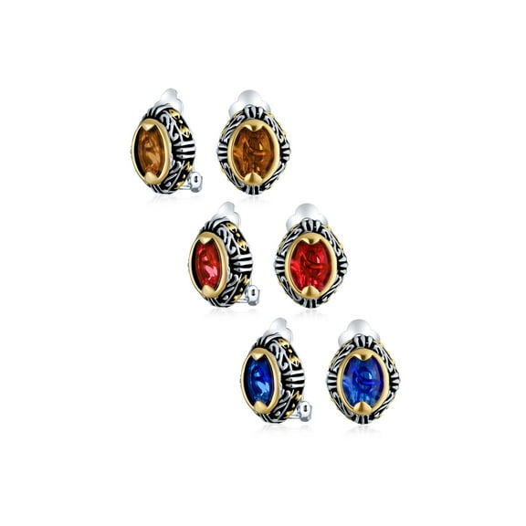 Bling Jewelry Womens Set of 3 Blue Orange Red Crystal Oval Bali Style Clip-On Earrings Non-Pierced