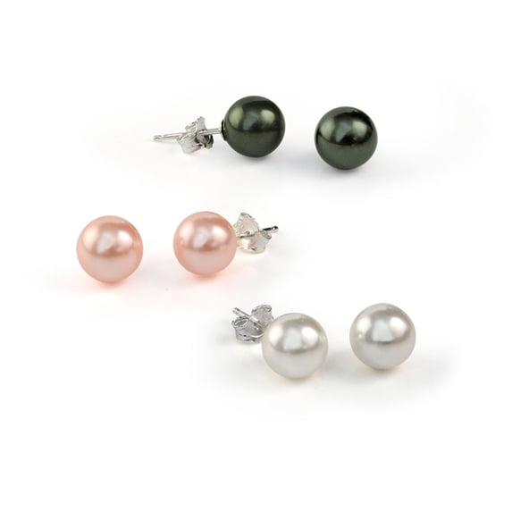 Bling Jewelry Womens Set of 3 White Black Pink Simulated Pearl Stud Ball Earrings Sterling Silver 8MM