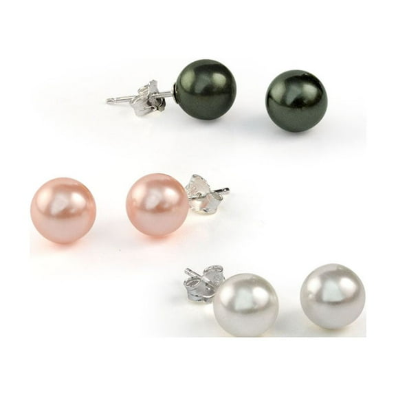 Bling Jewelry Womens Set of 3 White Black Pink Simulated Pearl Stud Ball Earrings Sterling Silver 8MM