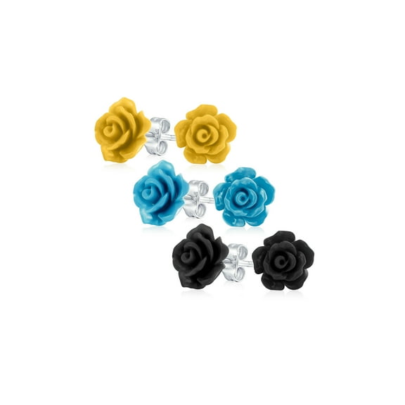 Bling Jewelry Womens Romantic Set of 3 Floral 3D Carved Yellow , Black , Blue, Rose Flower Stud Earrings 10MM
