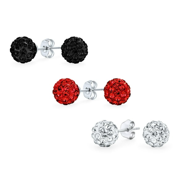 Bling Jewelry Womens Set of 3 Red Black Clear Crystals Ball Stud Earrings Sterling Silver 8MM