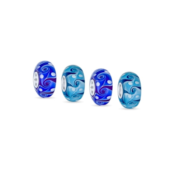 Bling Jewelry Womens Sterling Silver Murano Glass Blue Turquoise Aqua Wave Swirl Spacer Charm Bead for Bracelet (Set of 4)