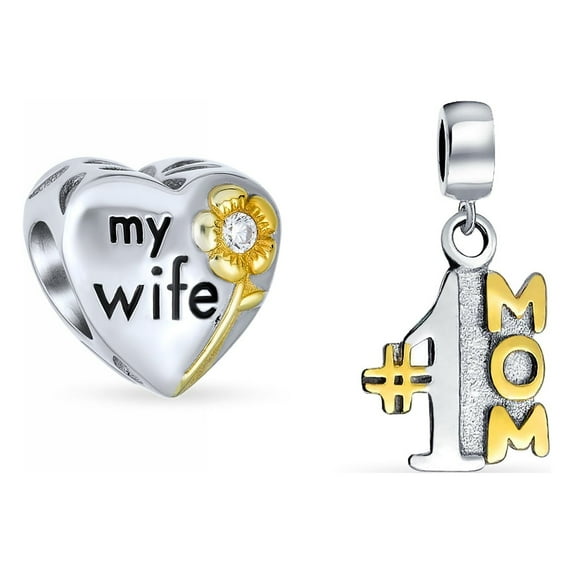 Bling Jewelry Womens Set of Two Tone Heart Shaped My Wife Dangle Charm Bead for European Bracelet
