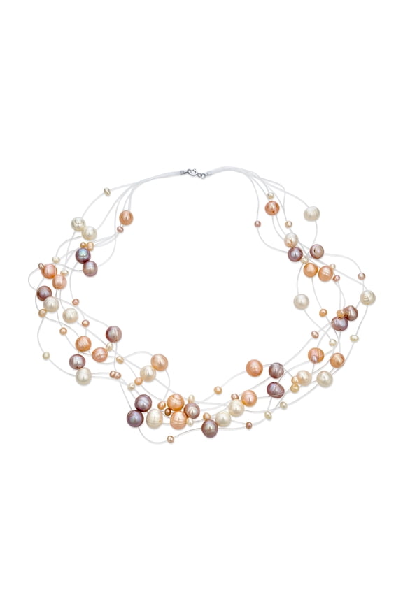 Womens Shades of Grey Blue Pink Multi Strand Pearl Illusion Collar Necklace Choker