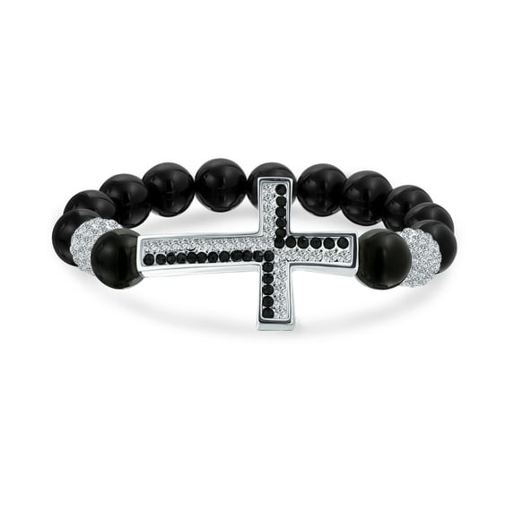 Bling Jewelry Womens Religious Cross Black Onyx Turquoise Crystal Stretch Bracelet Silver Plated
