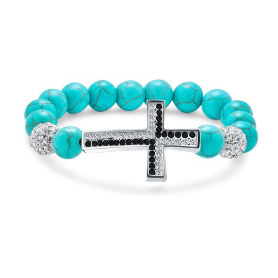 Bling Jewelry Womens Religious Cross Black Onyx Turquoise Crystal Stretch Bracelet Silver Plated