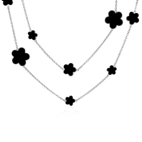 Bling Jewelry Womens Silver Black Enamel Flower Clover Necklace Long Double Wrap 40"