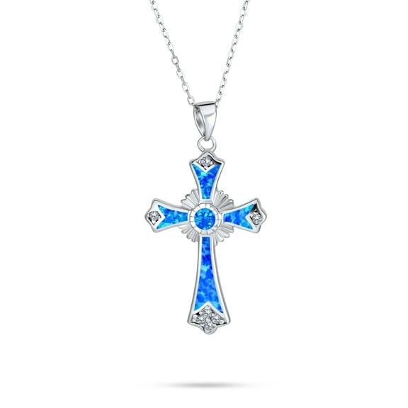 Bling Jewelry Womens Silver Opal CZ Cross Pendant Necklace 18in Chain