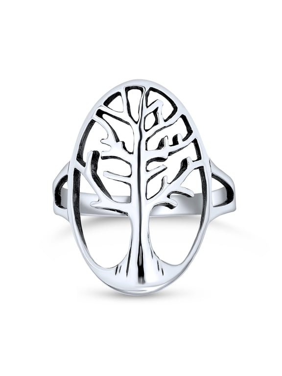 Womens Oval Family Wishing Tree of Life Statement Ring Oxidized Sterling Silver