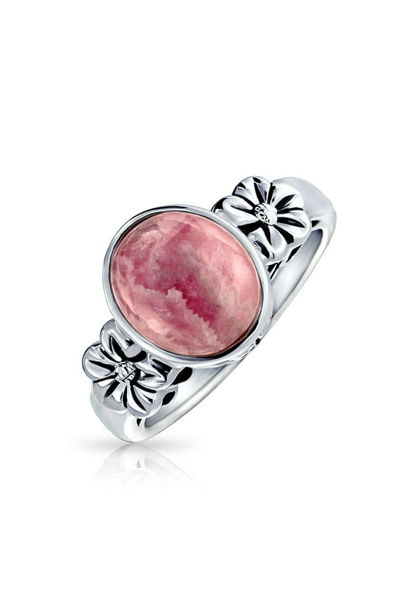 Womens Bezel Set Oval Pink Natural Rhodochrosite Gemstone Ring Flower Band Sterling Silver