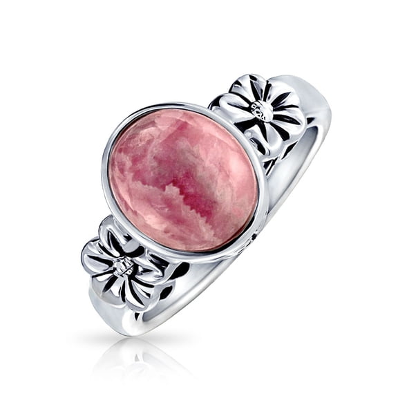 Bling Jewelry Womens Bezel Set Oval Pink Natural Rhodochrosite Gemstone Ring Flower Band .925 Sterling Silver