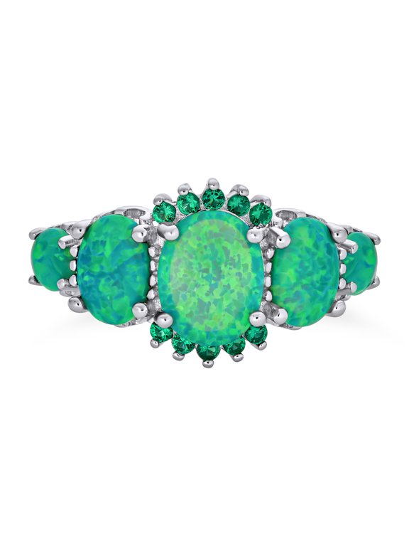 Womens Elegant Created Green Opal Five Oval Stones Ring Band .925 Sterling Silver