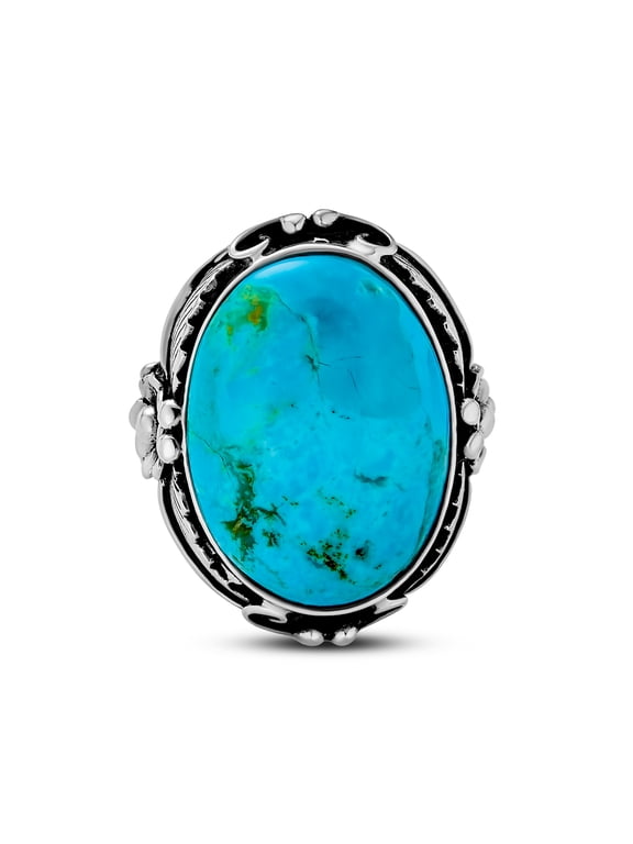 Womens Oval Leaf Motif Set Turquoise Statement Ring .925 Sterling Silver