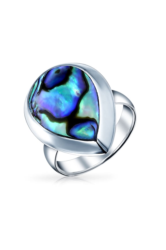Womens Silver Ring with Teardrop Bezel Rainbow Shell Abalone  Fashion Statement