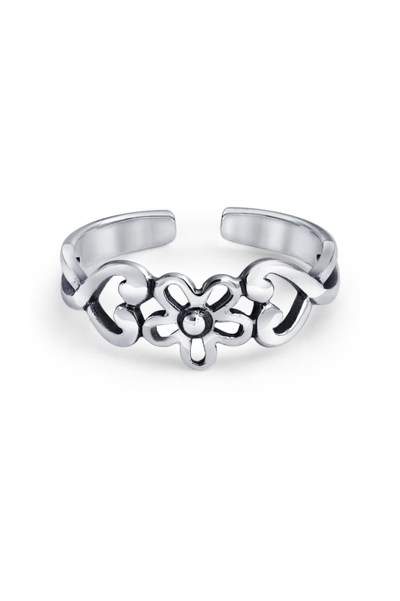 Womens Silver Sterling Toe Ring with Flowers & Heart Filigree Design Midi Band