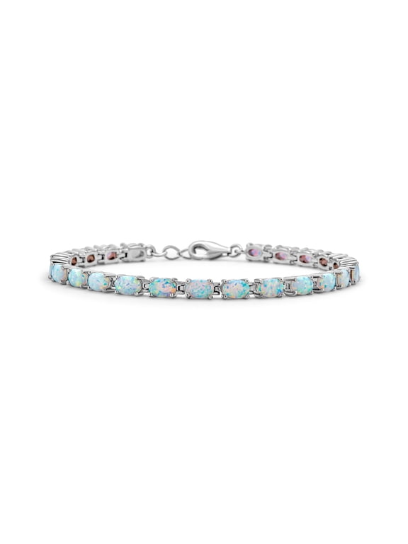 Womens Classic Created Oval White Opal Tennis Bracelet .925 Sterling Silver