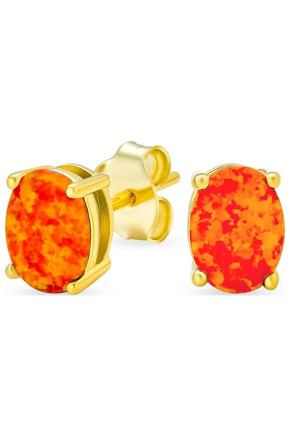 Womens Simple Classic Opal Oval Stud Earrings Gold Plated Silver 7MM