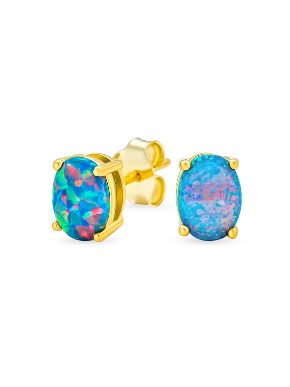 Womens Black Opal Solitaire Oval Stud Earrings Gold Plated .925 Sterling Silver