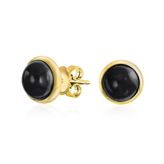 Bling Jewelry Womens Black Onyx Bezel Set Round Dome Button Stud Earrings Gold Plated Sterling Silver