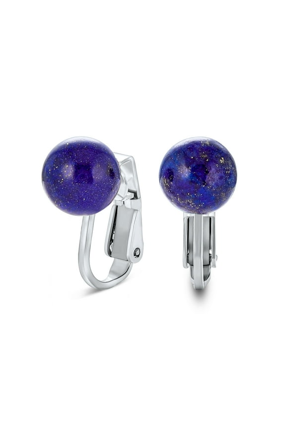 Womens Simple Gemstone Round Bead Clip-On Earrings Non-Piercing Sterling Silver 8MM