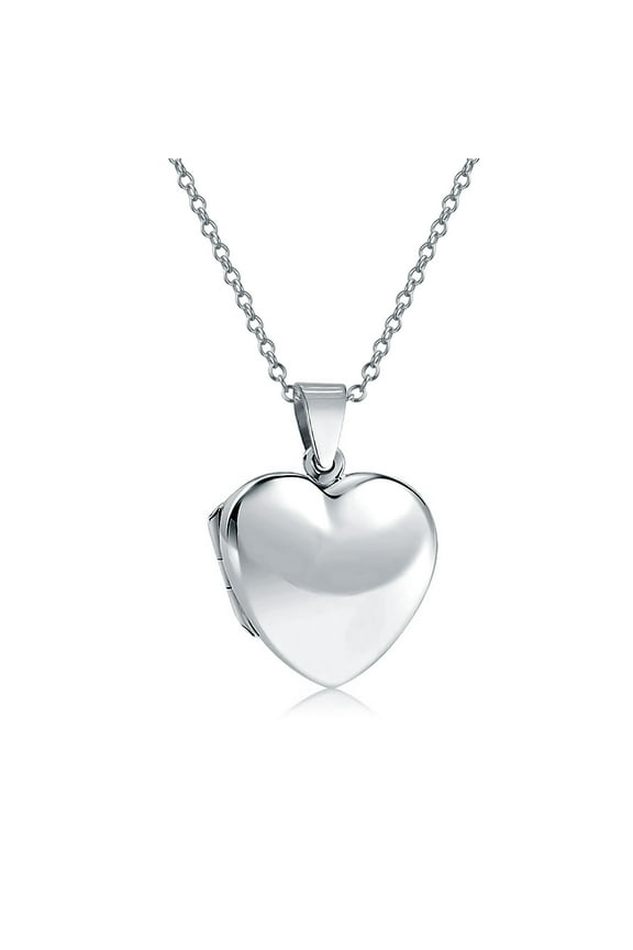 Womens Simple Keepsake Puff Heart Shaped Photo Locket Necklace Pendant Sterling Silver