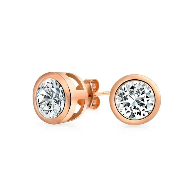 Bling Jewelry Womens Simple Martini Bezel Set CZ Stud Earrings Rose Gold Sterling Silver 5-9MM