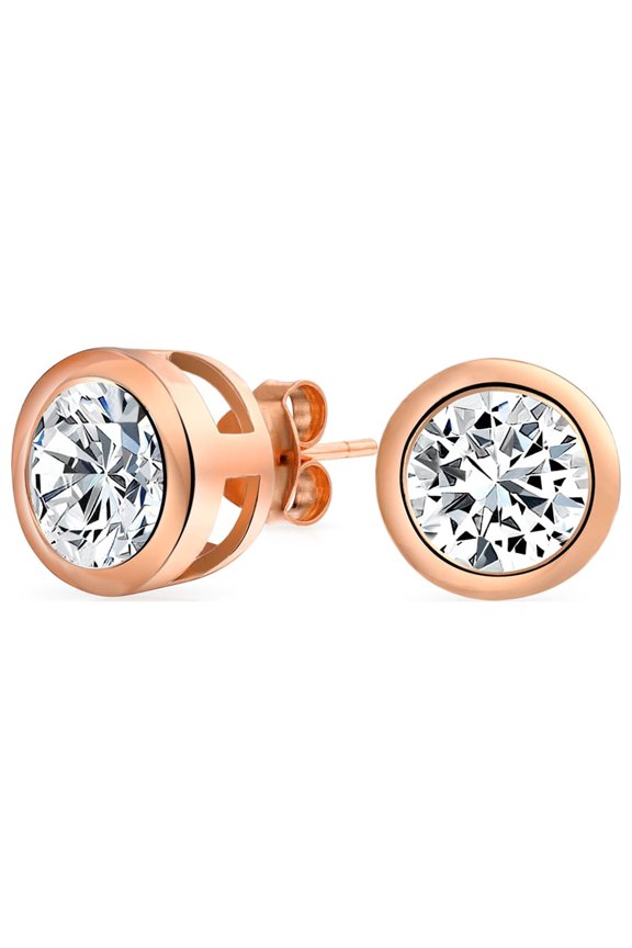 Womens Simple Martini Bezel Set CZ Stud Earrings Rose Gold Sterling Silver 5-9MM