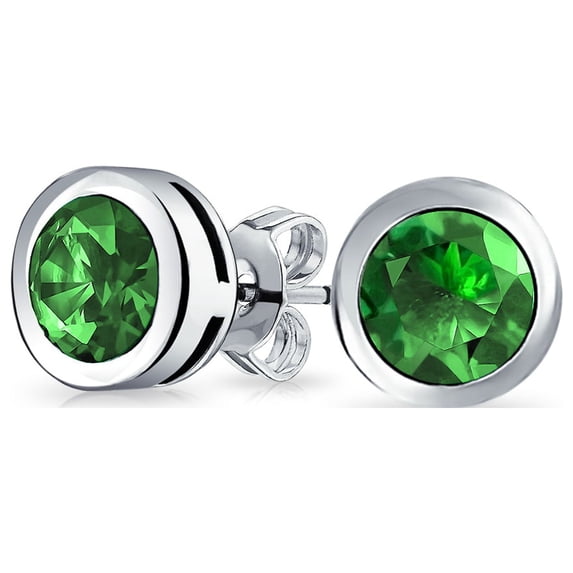 Bling Jewelry Womens Green CZ Round Bezel Set Solitaire Stud Earrings .925 Sterling Silver