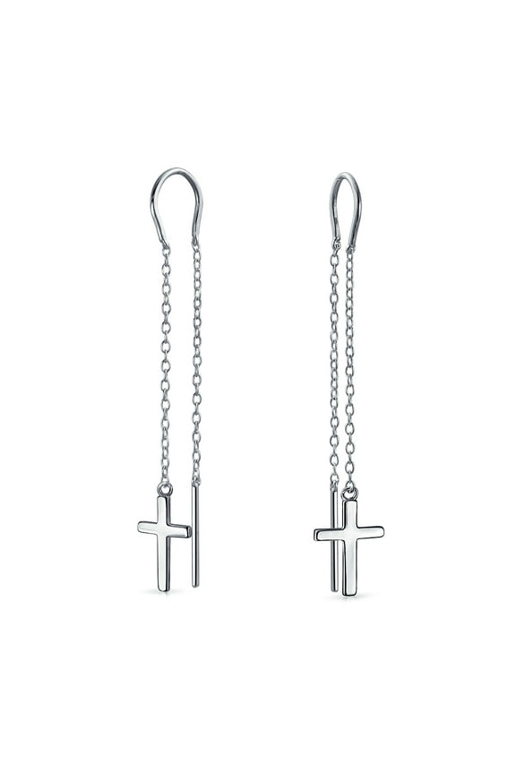 Womens Long Chain Dangle Spiritual Religious Cross Threader Earrings Sterling Silver