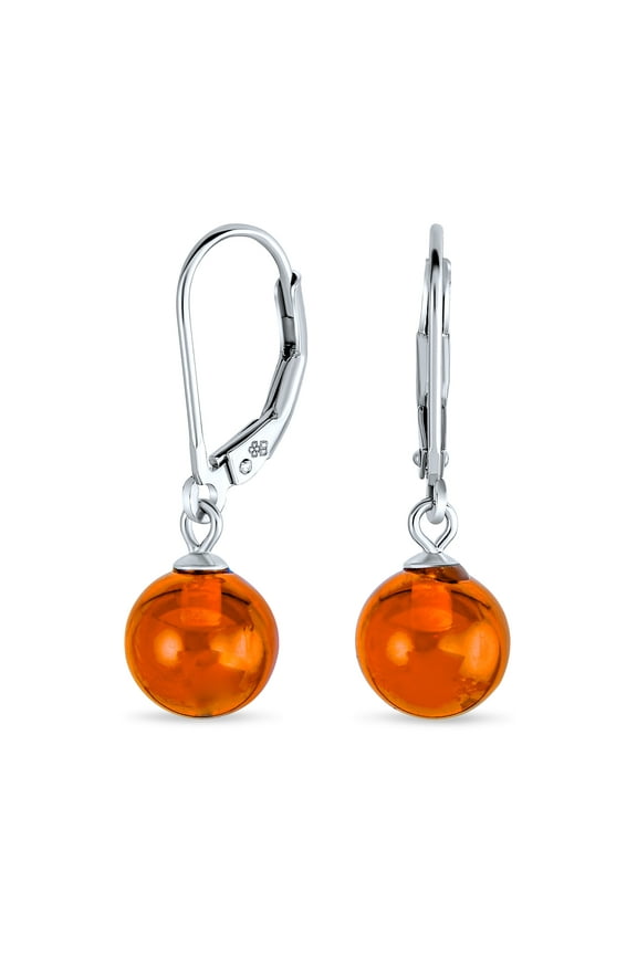 Womens Simple Round Gemstone Lemon Yellow Amber Drop Ball Earrings Sterling Silver