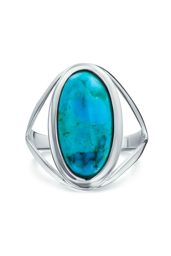 Womens Simple Silver Ring with Large Blue Turquoise Gemstone in Bezel Setting