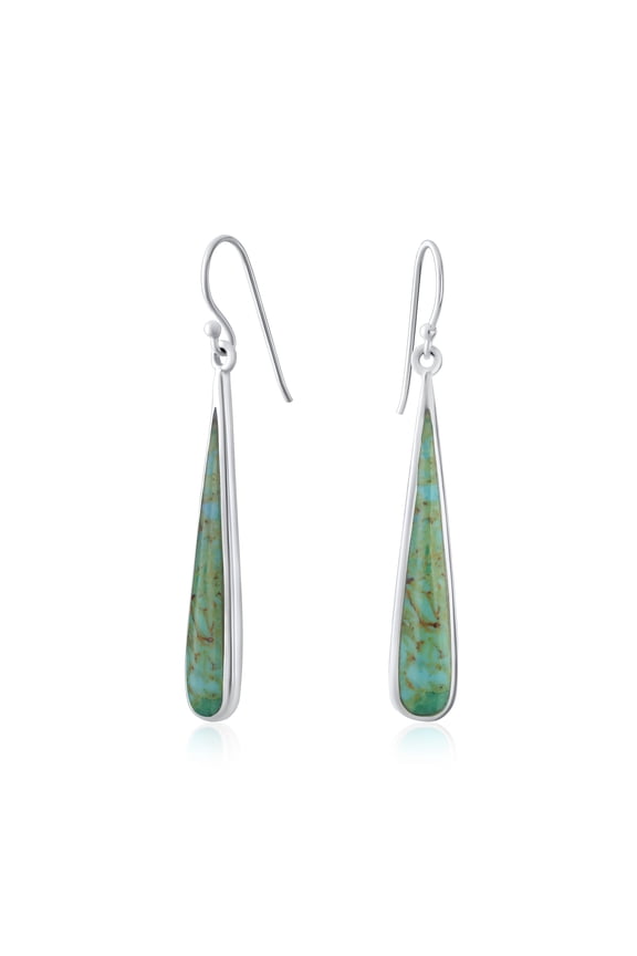 Womens Simple Green Agate Inlay Long Flat Teardrop Shaped Dangle Earrings .925 Sterling Silver