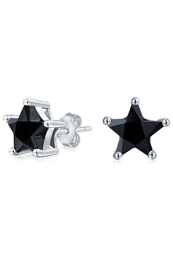 Womens Small Celestial USA Black CZ Star Stud Earrings for Men, Sterling Silver 7, 6 MM