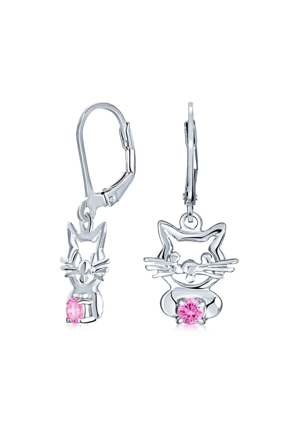 Womens Small Kitty Kitten Animal Pet Pink CZ Accent Dangle Cat Earrings Sterling Silver