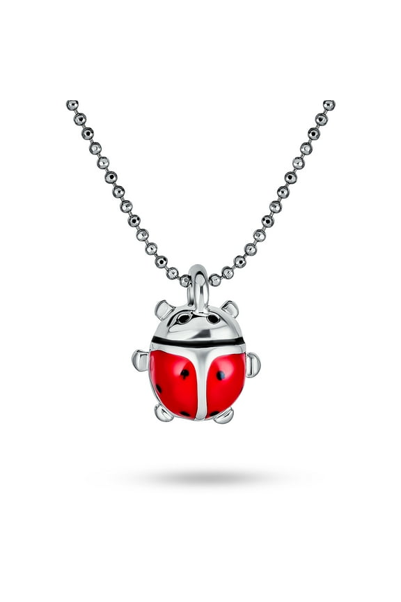 Womens Small Red Enamel Ladybug Pendant Necklace 16 Inch Bead Chain