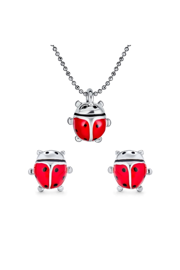 Womens Small Red Enamel Ladybug Pendant Necklace Stud Earrings Set