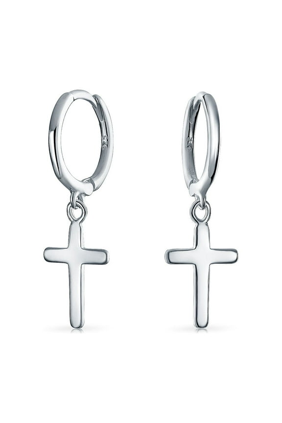 Womens Tiny Religious Cross Dangling Huggies Earrings Sterling Silver Leverback